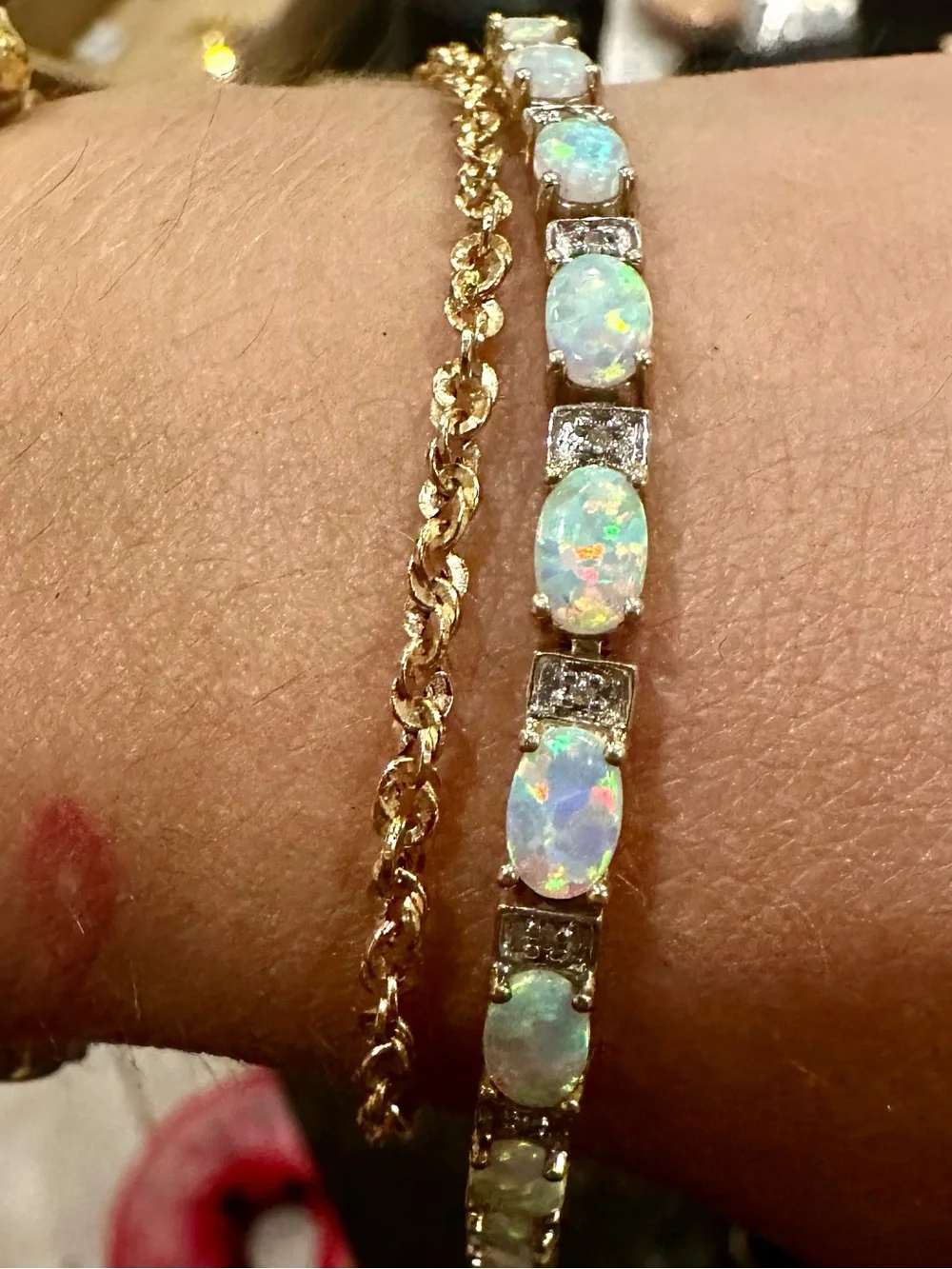 10K Solid Gold Diamond Tennis Bracelet w Natural Opal Solid 10K gold bracelet